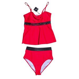 NWT | Zaful Vibrant Red 2-Piece Tankini Swimsuit Set | Mesh Trim | XL (12)